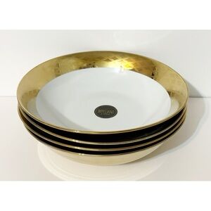 4 BRILLIANT Metallic Gold & White Large Porcelain Bowls/Salad Plates, NEW